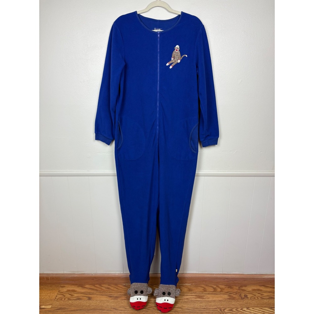 Nick & Nora One Piece Adult Sock Monkey‎ Pajamas Footed Sz L 2009 Sleepwear